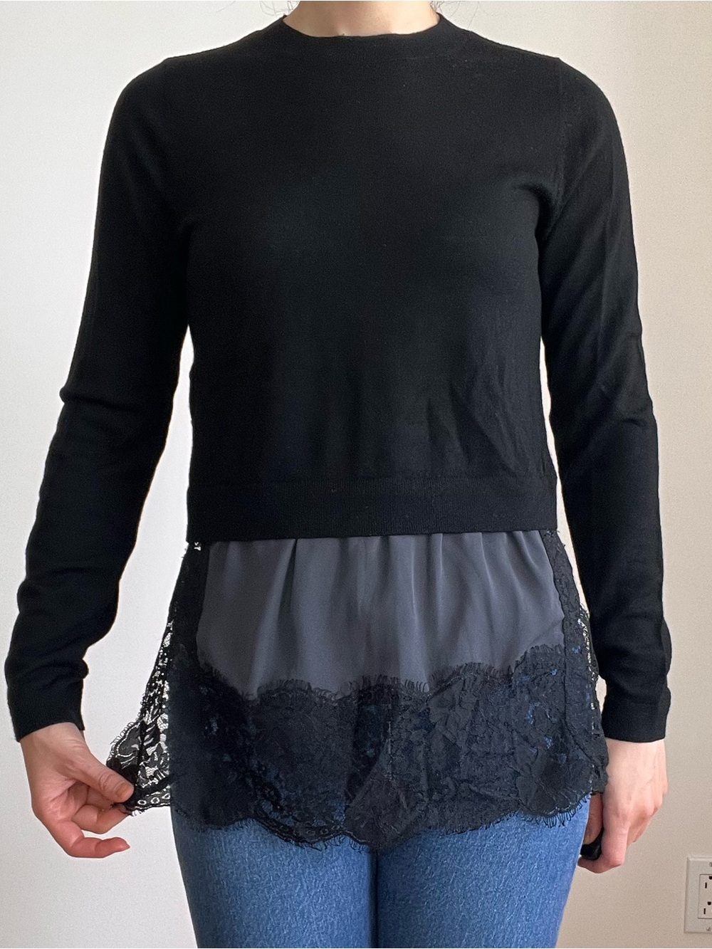 Club Monaco Black Layered Lace-Hem Long-Sleeve Top